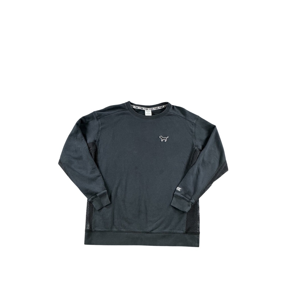 VS PINK Black Mesh Panel Crewneck Sweatshirt Dog Logo Size Medium
